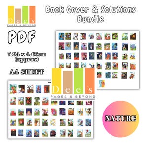Può includere: Un pacchetto di copertine di libri e soluzioni, con PDF e foglio A4. L'immagine include un logo con il testo "Dees Pages & Beyond" e una grafica circolare con la parola "Nature". La dimensione approssimativa è di 7,94 x 4,66 cm.
