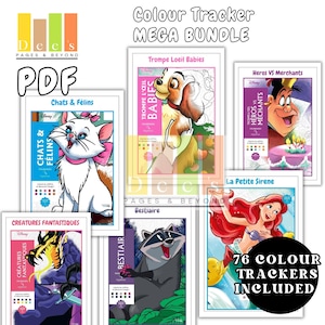 Può includere: Una collezione di pagine da colorare a tema Disney, tra cui personaggi di "Lilli e il Vagabondo", "La Sirenetta" e "Alice nel Paese delle Meraviglie". Il pacchetto include 76 tracker di colori. Il testo "Colour Tracker MEGA BUNDLE" è visualizzato in alto.