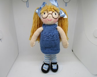 Hand Knitted Doll, Knitted Doll, Doll with Dress, Knitted Doll with Glasses, Doll, Dog with Pigtails, Dolly, Knitted Dolly, Girl Doll