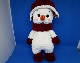 Muñeco de nieve de ganchillo de chenilla, rubí y blanco, decoración de invierno