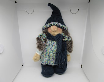Girl Gnome,Hand Knitted Gnome, Gnome Doll, Knitted Gnome Doll, Gnome in Blue, Gnome Doll in Smock Dress, Girl Gnome Doll, Dress, Hat, Scarf