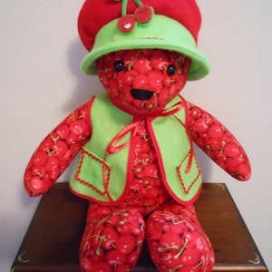 Teddy Bear Handmade in Cherry Print with Bright Green Vest and Floppy Hat, Stuffed Animal, Home Decor, Stuffed Bear, Handmade Bear image 2