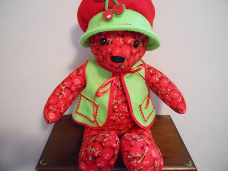 Teddy Bear Handmade in Cherry Print with Bright Green Vest and Floppy Hat, Stuffed Animal, Home Decor, Stuffed Bear, Handmade Bear image 2