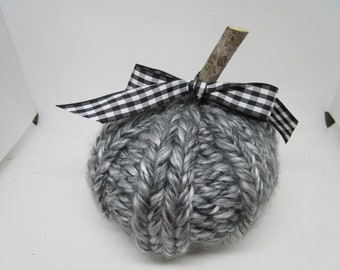 Hand Knitted Gray Pumpkin, Bulky Yarn, Wooden Stem, Gingham Ribbon Accent