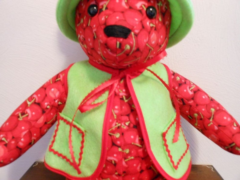 Teddy Bear Handmade in Cherry Print with Bright Green Vest and Floppy Hat, Stuffed Animal, Home Decor, Stuffed Bear, Handmade Bear image 5