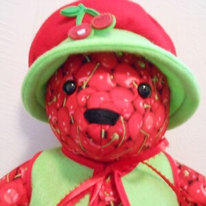 Teddy Bear Handmade in Cherry Print with Bright Green Vest and Floppy Hat, Stuffed Animal, Home Decor, Stuffed Bear, Handmade Bear image 4