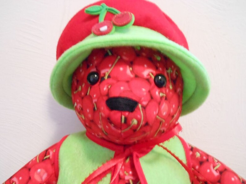 Teddy Bear Handmade in Cherry Print with Bright Green Vest and Floppy Hat, Stuffed Animal, Home Decor, Stuffed Bear, Handmade Bear image 4