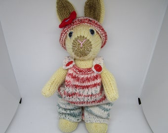 Hand Knitted Bunny, Elderberry Bunny, Knitted Rabbit, Knitted Girl Bunny, Knitted bunny with Overalls, OOAK, Spring Decor, Girl Rabbit