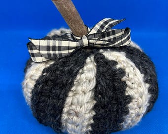 Chunky Crochet Pumpkin, Black White Stripes, Tree Branch Stem, Fall Decor