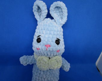 Crochet Blue Bunny Doll, Chenille Yarn, Embroidered Face