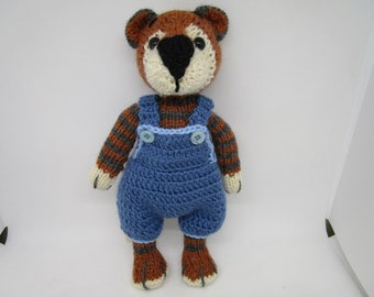 Tiger Doll, Hand Knitted, Knitted Tiger, Little Tiger with Overalls, Year of the Tiger, Hand Knitted Tiger, Knitted Animal, Knitted Cat