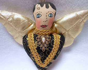 Handmade Angel Christmas Ornament, Black and Gold, Hand Painted Face