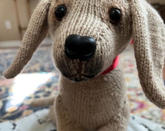 Knitted Tan Labrador Retriever Dog, Acrylic Yarn Stuffed Animal, Red Ribbon Accent