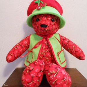 Teddy Bear Handmade in Cherry Print with Bright Green Vest and Floppy Hat, Stuffed Animal, Home Decor, Stuffed Bear, Handmade Bear image 1