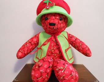 Teddy Bear Handmade in Cherry Print with Bright Green Vest and Floppy Hat, Stuffed Animal, Home Decor, Stuffed Bear, Handmade Bear