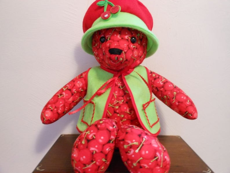 Teddy Bear Handmade in Cherry Print with Bright Green Vest and Floppy Hat, Stuffed Animal, Home Decor, Stuffed Bear, Handmade Bear image 1