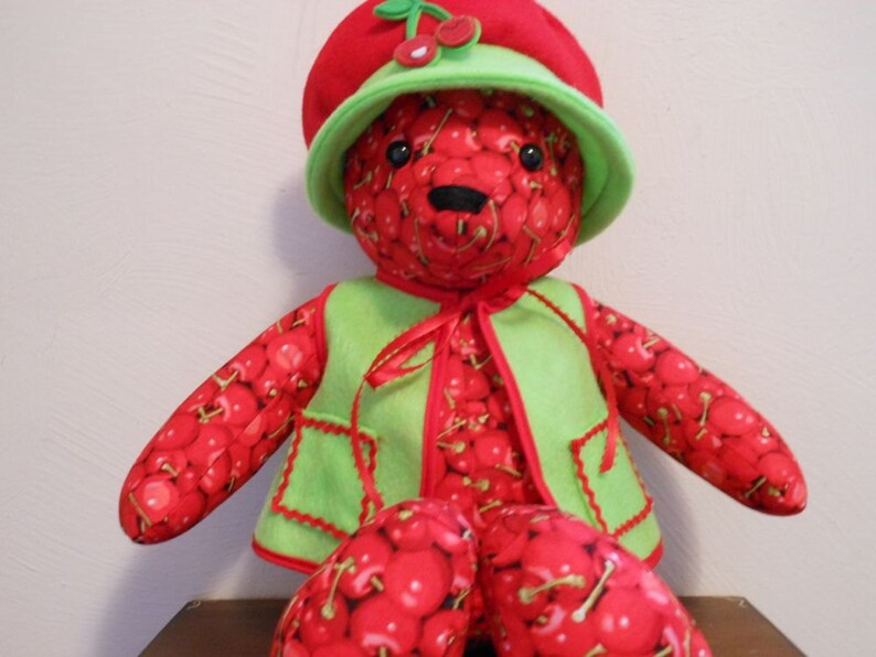 Teddy Bear Handmade in Cherry Print with Bright Green Vest and Floppy Hat, Stuffed Animal, Home Decor, Stuffed Bear, Handmade Bear image 3