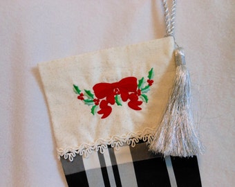Black and White Plaid Christmas Stocking, Embroidered Bow, Silver Tassel