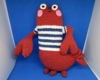 Crochet Lobster Doll, Striped Shirt, Coral Acrylic Yarn