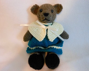 Knitted Bear with Dress and Shawl, Teddy Bear, Knitted Dress, Knitted Shawl, Hand Knitted Teddy Bear, OOAK, Teal Dress, Cream Color Shawl