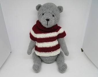 Oso gris de ganchillo con suéter, oso de ganchillo, oso articulado, oso de peluche con suéter, oso de peluche de ganchillo, oso de peluche hecho a mano, oso de peluche