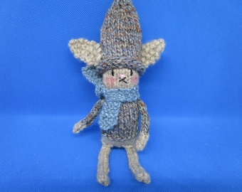Knitted Bunny Doll, Oat and Multicolor Yarn, Blue Scarf
