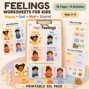 Könnte beinhalten: Ein druckbares Arbeitsblatt-Set zum Thema Gefühle für Kinder mit 18 Seiten und 14 Aktivitäten. Das Set enthält Diagramme und Karten, die vier Emotionen darstellen: glücklich, traurig, wütend und ängstlich, mit Figuren und Textbeschriftungen.