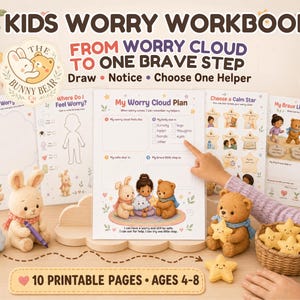 May include: A Kids Worry Workbook featuring 10 printable pages for ages 4-8. The workbook includes sheets titled My Worry Cloud Plan, Draw My Worry, and Where Do I Feel Worry, illustrated with a bunny, a bear, and a child. Includes small figurines.