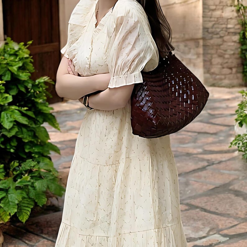 May include: A woman wearing a white dress with a brown woven handbag. The dress has a ruffled neckline and a tiered skirt.