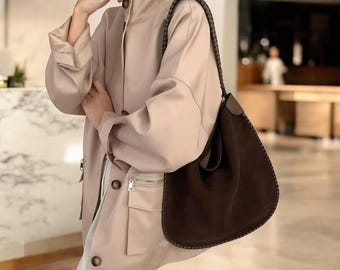 Suede Leather Tote Bag, Womens Minimalist Hobo Bag, Suede Shoulder Bag, Leather Tote, Designer Suede Handbag, Stylish Everyday Tote