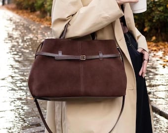 Suede Top Handle Bags, Suede Leather Tote Bags, Women's Luxury Handbag, Classic Timeless Commuter Bag, Elegant Shoulder Bag for Everyday Use
