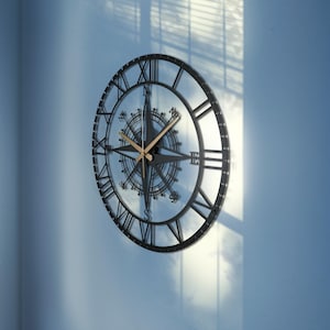 Large Metal Compass Wall Clock: Silent Roman Numeral Clock