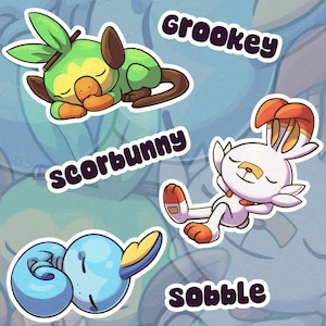 Sleepy Grookey, Scorbunny, Sobble Glänzende Vinyl Fan Aufkleber - Affe, Kaninchen, Chamäleon, Videospiel Inspiriert
