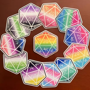LGBTQIA+ Würfel W20 Vinyl Sticker Aufkleber, Schwul Lesben Bi Trans Poly Pan Agender Nonbinary Pride, Regenbogen