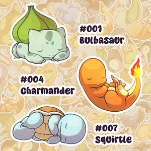 Autocollants en vinyle brillant Sleepy Kanto Trio Monster Starters - versions tortue d'eau, lézard de feu, crapaud des herbes et brillant, inspiré des jeux vidéo
