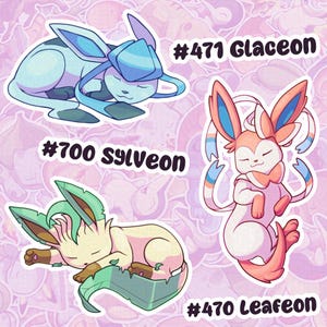 Stickers en vinyle brillant Leafeon, Glaceon, Sylveon, adorable sticker de jeu vidéo, chats roses nature givrée + versions brillantes