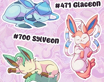 Sleeping Leafeon, Glaceon, Sylveon Glossy Vinyl Stickers, Adorable Video Game Decal, Frosty Nature Pink Cats + Shiny Versions