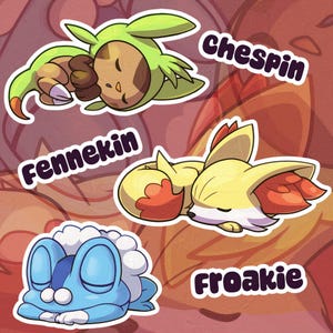Chespin, Fennekin, Froakie Glänzende Vinyl Fan Aufkleber - Nagetier, Fuchs, Frosch, Videospiel Inspiriert