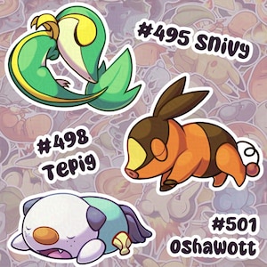 Slaperige Snivy, Tepig, Oshawott glanzende vinylstickers - waterotter, vuurvarken, ringslang en glanzende versies, videogamefanart