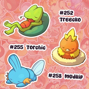 Pegatinas de vinilo brillante Sleepy Treecko, Torchic y Mudkip: versiones de Mudfish, Fire Chick, Grass Gecko y SHINY, inspiradas en videojuegos.