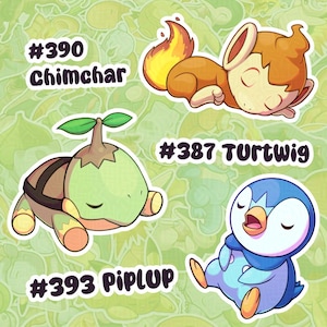 Schläfrige Schildkröte, Chimchar, Piplup Glänzende Vinyl-Aufkleber - Wasserpinguin, Feueraffe, Grasschildkröte & glänzende Versionen, von Videospielen inspiriert