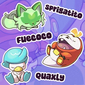 Stickers muraux Sleepy Sprigatito, Fuecoco, Quaxly en vinyle brillant - inspirés d'un jeu vidéo, chat, crocodile, canard