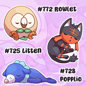 Adesivos de vinil brilhantes Sleepy Rowlet, Litten, Popplio - Versões Água, Fogo, Grama e BRILHO, Gato, Coruja, Leão-marinho, Foca de circo