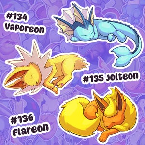Schlafender Aquana, Jolteon, Flareon glänzender Vinyl-Aufkleber - Videospiel-Aufkleber, entzückende Kreaturen, Feuer, Wasser, Elektrisch