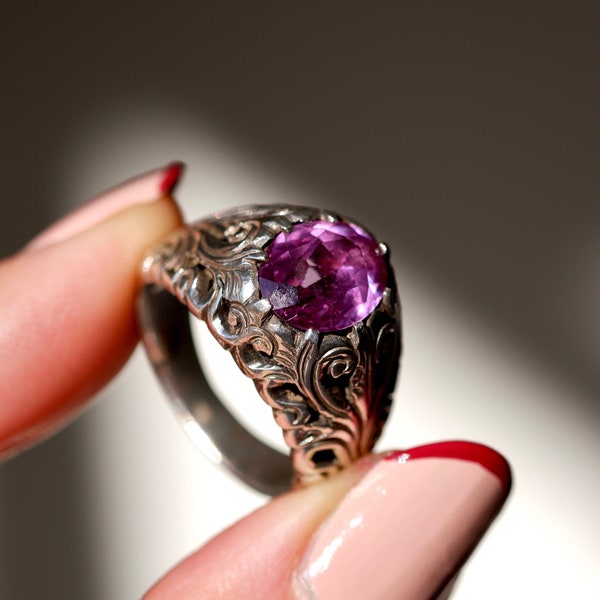 Magical Fae Vintage Color Change Sapphire Handmade Sterling Scrollwork Dome Ring