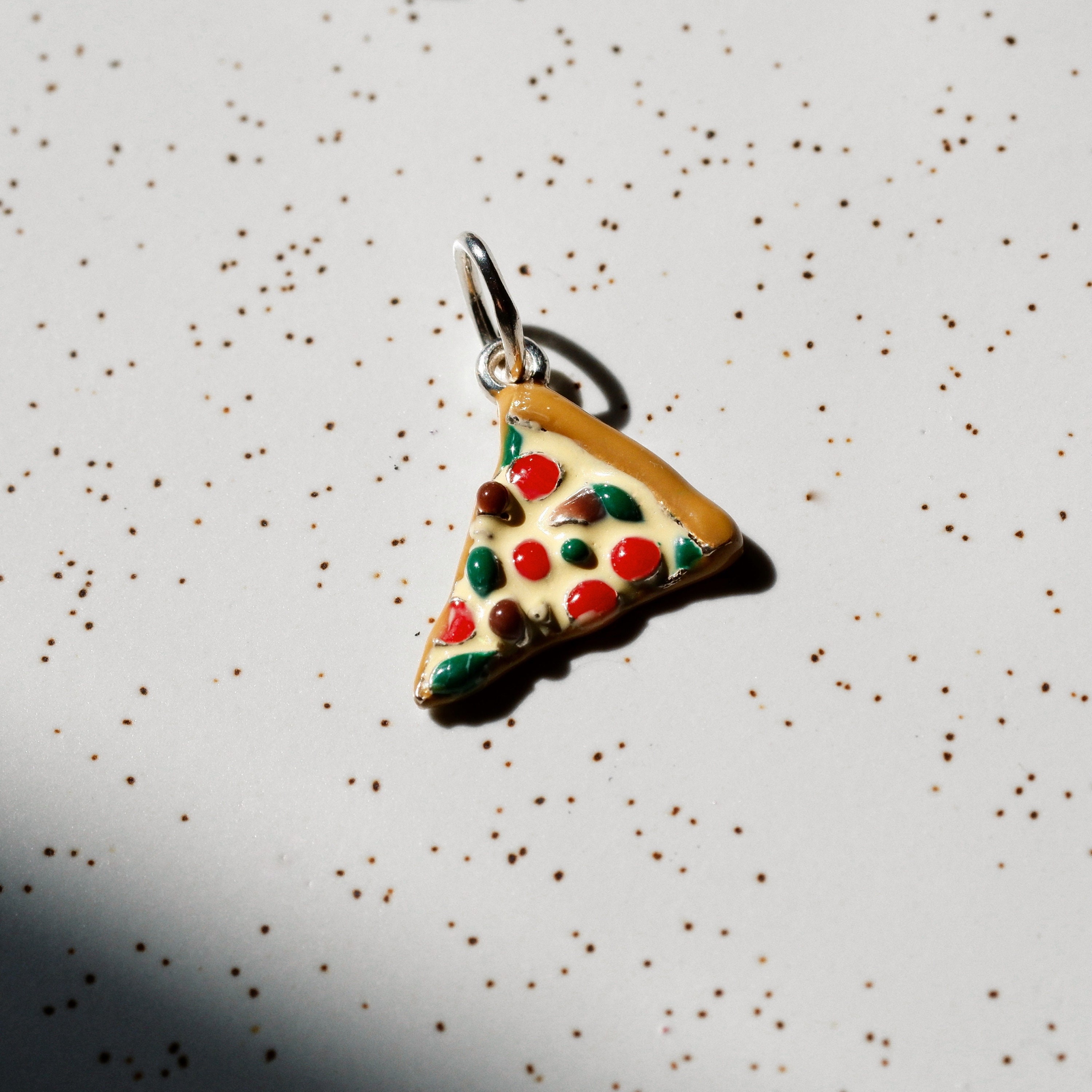 Vintage 1980’s Collectible New Old Stock Sterling Silver Cheese Pizza Charm with Enamel Mushrooms and Olives Hallmarked Brown Country Silver