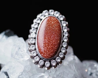 Rare Bold Vintage Retro 14k White Gold Sparkly Copper Goldstone and Paste Diamond Halo Statement Ring