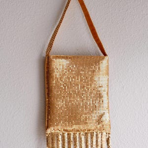 Vintage Midcentury Gold Metal Mesh Chainmail Fabric & Fringe Evening Bag