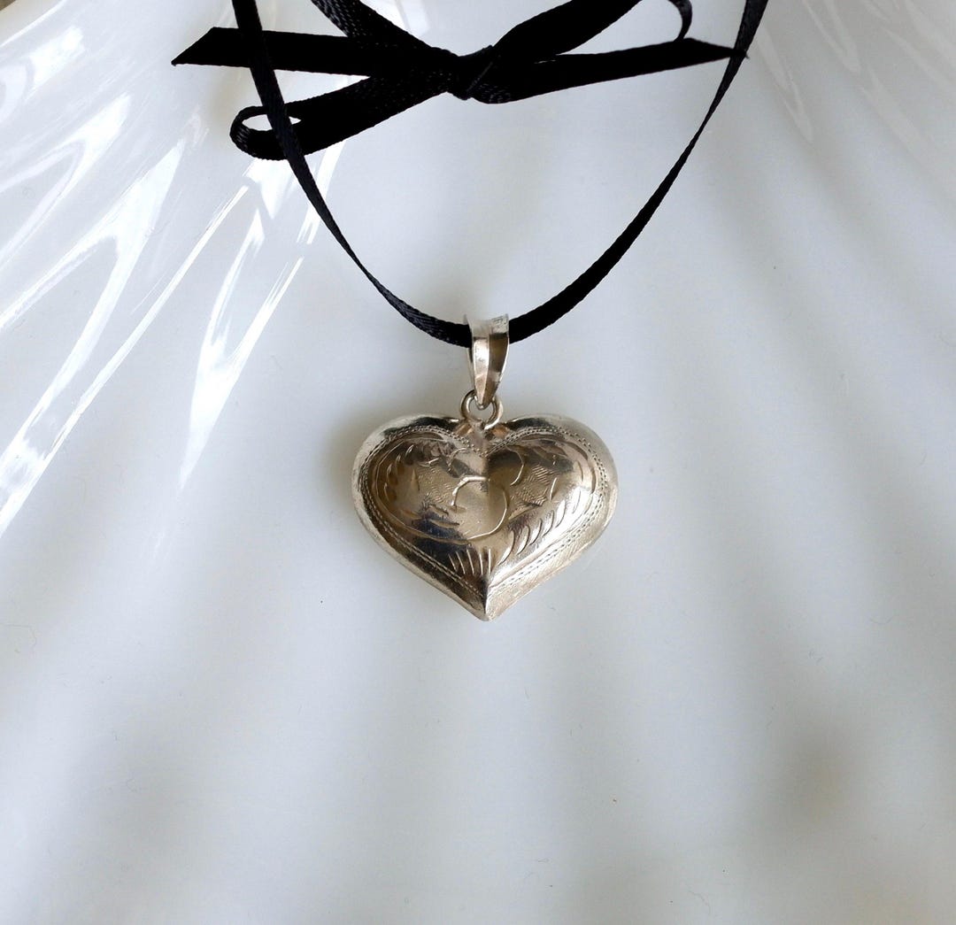 Vintage Sterling Silver Etched Puffy Heart Pendant - Etsy