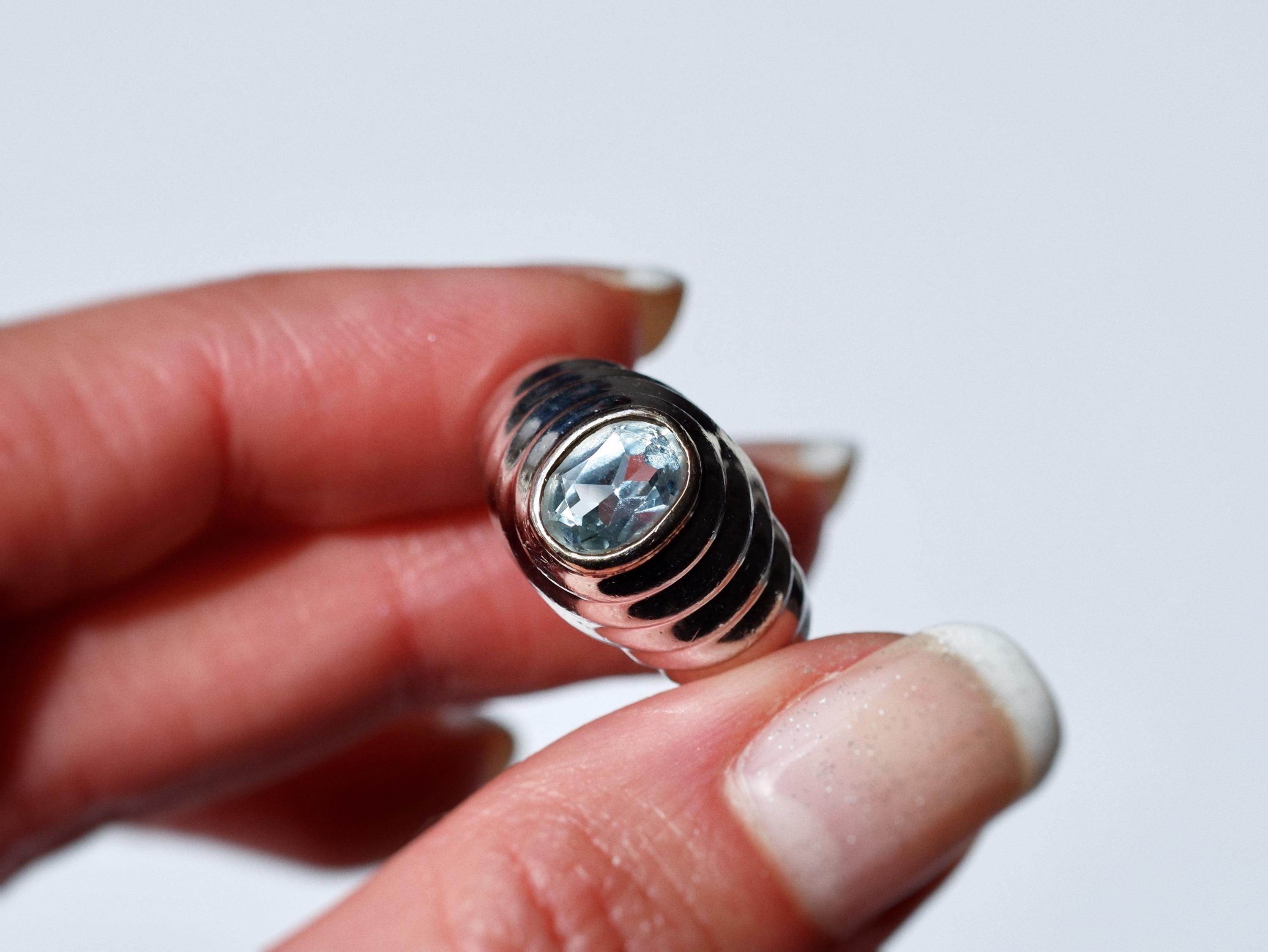 Vintage Sterling Silver Ribbed Dome Pale Blue Topaz Ring